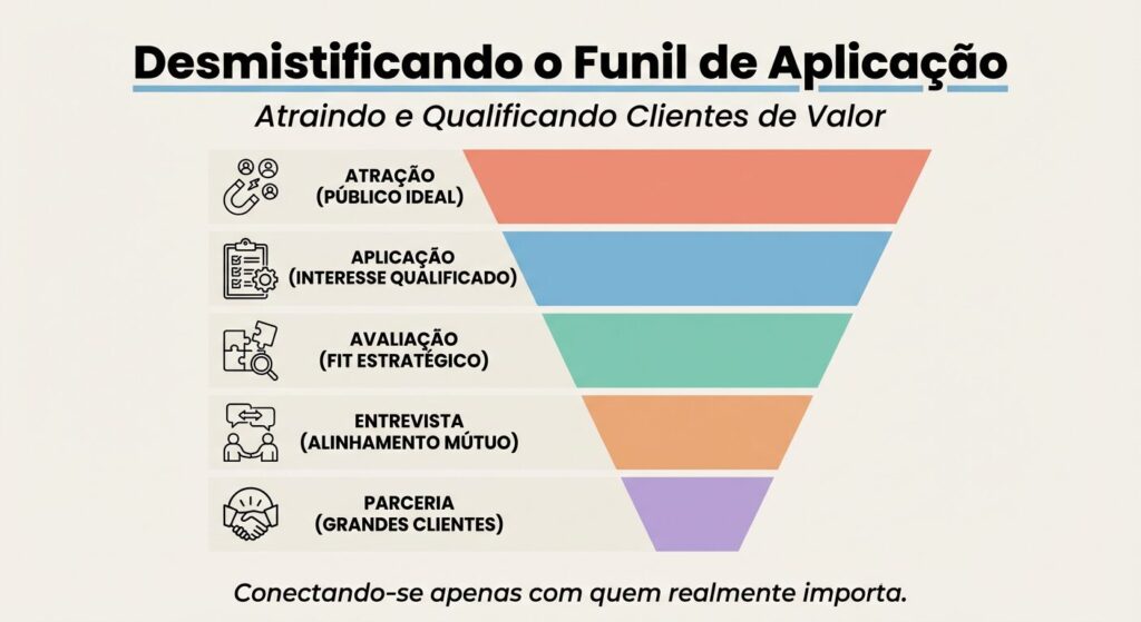 Infográfico educativo em tons pastel, com o título "Desmistificando o Funil de Aplicação" e subtítulo "Atraindo e Qualificando Clientes de Valor". Ilustra um funil em cinco etapas coloridas: Atração, Aplicação, Avaliação, Entrevista e Parceria, com ícones simples e rótulos em português, representando o processo de qualificação de clientes B2B.