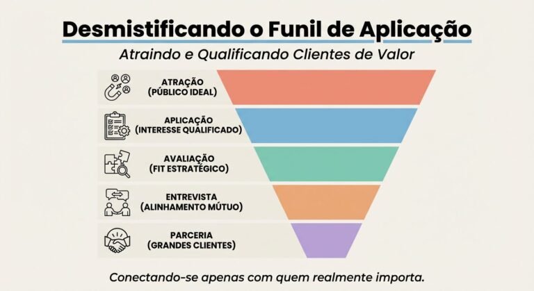 Infográfico educativo em tons pastel, com o título "Desmistificando o Funil de Aplicação" e subtítulo "Atraindo e Qualificando Clientes de Valor". Ilustra um funil em cinco etapas coloridas: Atração, Aplicação, Avaliação, Entrevista e Parceria, com ícones simples e rótulos em português, representando o processo de qualificação de clientes B2B.