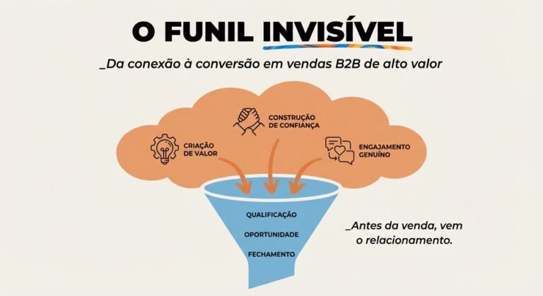 Infográfico educacional em off-white com um funil de vendas azul-claro sendo alimentado por uma nuvem laranja, representando o 'Funil Invisível'. Textos 'O FUNIL INVISÍVEL', 'Criação de Valor', 'Construção de Confiança' e 'Engajamento Genuíno' destacam a importância do relacionamento pré-venda em B2B.