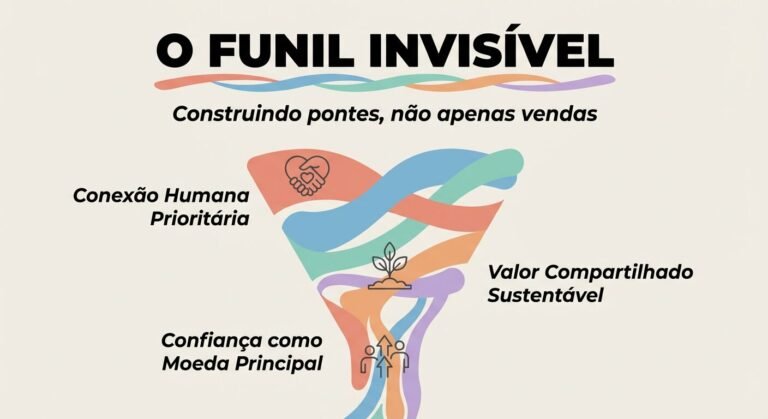 Infográfico intitulado 'O FUNIL INVISÍVEL', mostrando linhas e formas interconectadas em cores suaves como salmão, azul e lilás, simbolizando relacionamentos e conexão humana. O subtítulo diz 'Construindo pontes, não apenas vendas'.