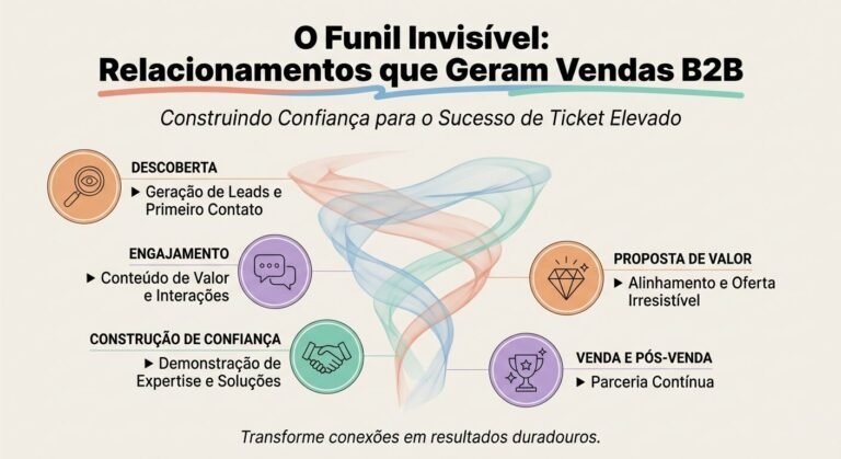 Infográfico educativo intitulado 'O Funil Invisível: Relacionamentos que Geram Vendas B2B', com um funil abstrato e as cinco etapas principais para construir relacionamentos que levam a vendas B2B de ticket elevado: Descoberta, Engajamento, Construção de Confiança, Proposta de Valor e Venda e Pós-Venda.