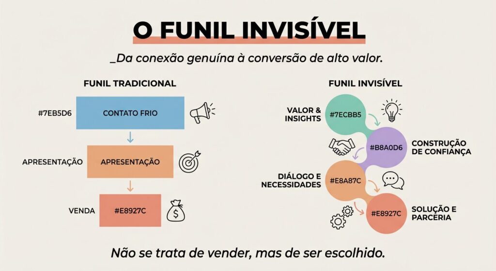 Um infográfico comparando um funil de vendas tradicional com o conceito de 'Funil Invisível'. O funil tradicional mostra etapas diretas de prospecção à venda, enquanto o invisível ilustra um fluxo mais orgânico de valor, confiança, diálogo e parceria, levando a vendas de alto valor.