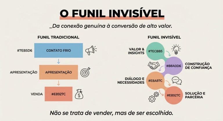 Um infográfico comparando um funil de vendas tradicional com o conceito de 'Funil Invisível'. O funil tradicional mostra etapas diretas de prospecção à venda, enquanto o invisível ilustra um fluxo mais orgânico de valor, confiança, diálogo e parceria, levando a vendas de alto valor.