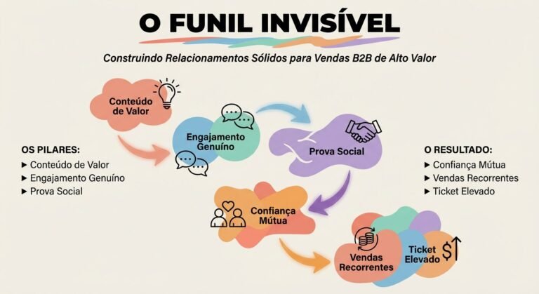 Infográfico educativo em tons pastel mostrando um 'Funil Invisível' conceitual com elementos de construção de relacionamento B2B, incluindo pilares como conteúdo de valor e engajamento genuíno, e resultados como confiança mútua e vendas de ticket elevado.