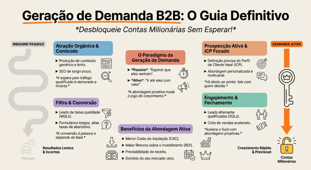 Infográfico da capa do blog com o título "Geração de Demanda B2B: O Guia Definitivo" e o subtítulo "Desbloqueie Contas Milionárias Sem Esperar!". Apresenta duas setas contrastantes: uma tortuosa e cinza para "Inbound Passivo" e outra reta e laranja para "Demanda Ativa", que desbloqueia um cadeado dourado.