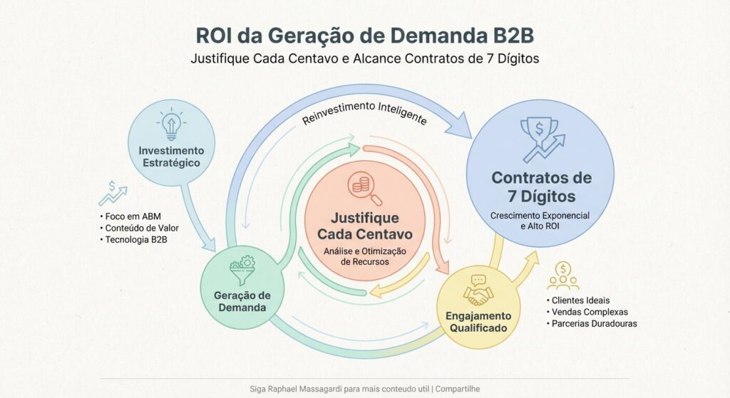 Infográfico minimalista com diagramas circulares em tons pastel, exibindo o título 'ROI da Geração de Demanda B2B'. A imagem conecta visualmente o investimento em marketing à justificação de cada centavo e à conquista de 'Contratos de 7 Dígitos', com muito espaço em branco e tipografia elegante.