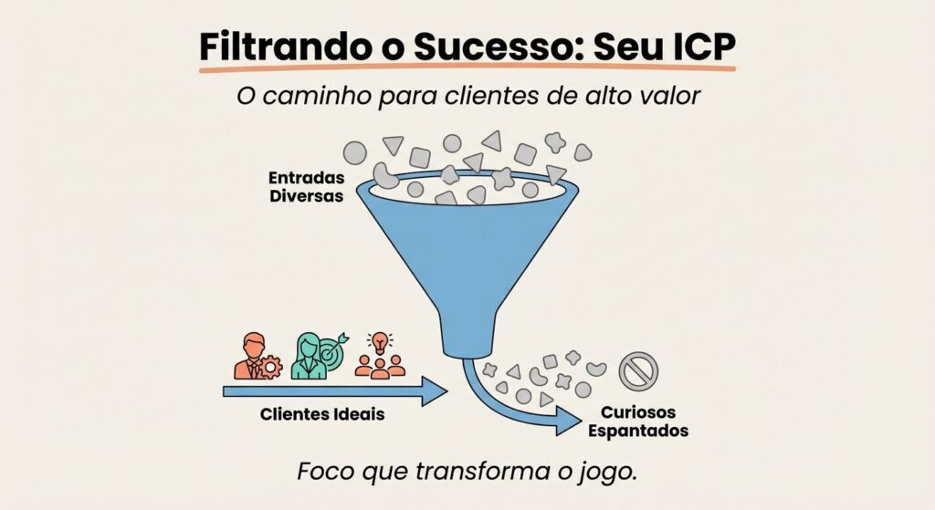 Infográfico educativo mostrando um funil de vendas. No topo, 'Entradas Diversas' com leads genéricos. O funil, preenchido em azul, filtra, separando 'Clientes Ideais' (ícones coloridos) de 'Curiosos Espantados' (ícones cinzas). Título: 'Filtrando o Sucesso: Seu ICP'. Legenda: 'Foco que transforma o jogo.'
