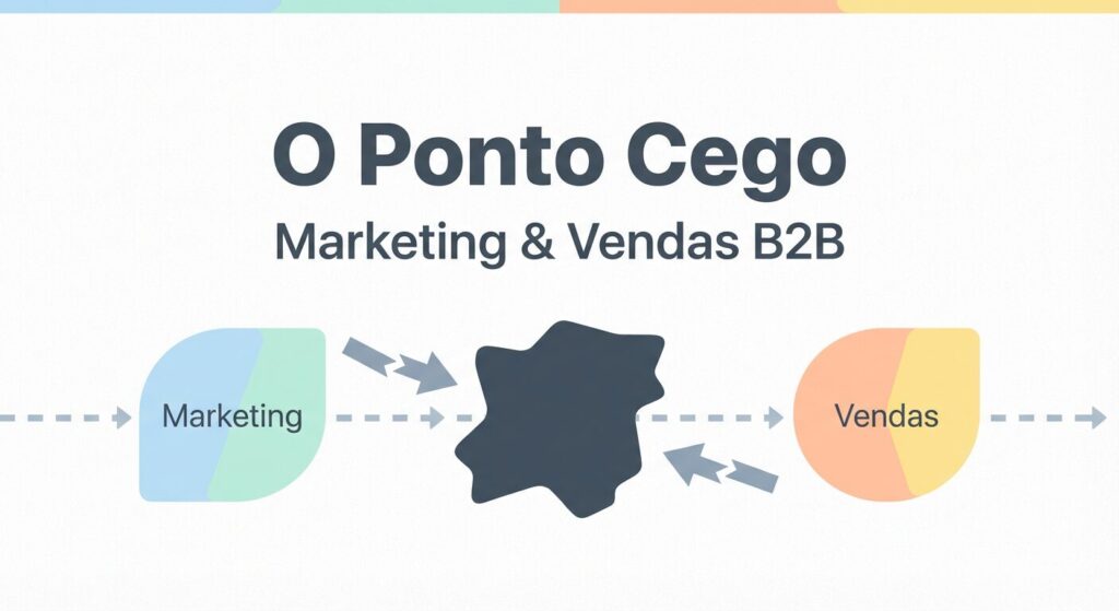 Capa de infográfico minimalista com o título 'O Ponto Cego' e 'Marketing & Vendas B2B'. Duas entidades abstratas, Marketing e Vendas, separadas por um ponto cego visualmente representado como um abismo ou obstáculo, simbolizando a desconexão.
