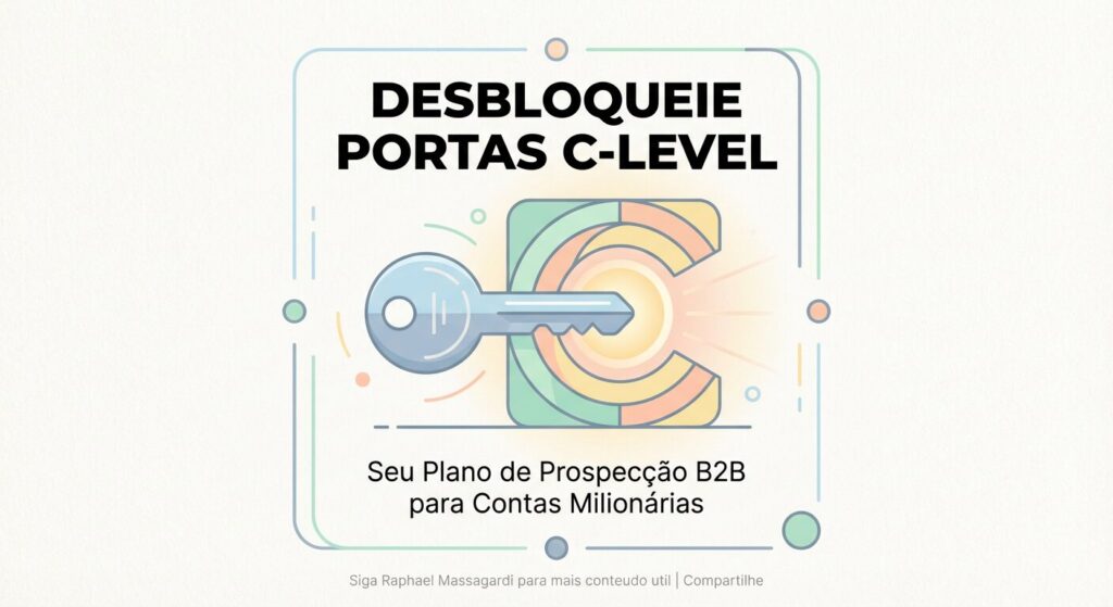 Infográfico minimalista com fundo off-white. Uma chave estilizada em azul-claro abre uma porta geométrica em forma de 'C' em tom pastel de verde-menta, simbolizando o acesso a executivos C-Level. O título em negrito diz 'DESBLOQUEIE PORTAS C-LEVEL' e o subtítulo 'Seu Plano de Prospecção B2B para Contas Milionárias'. A imagem tem cores pastel suaves, linhas finas e um layout limpo.
