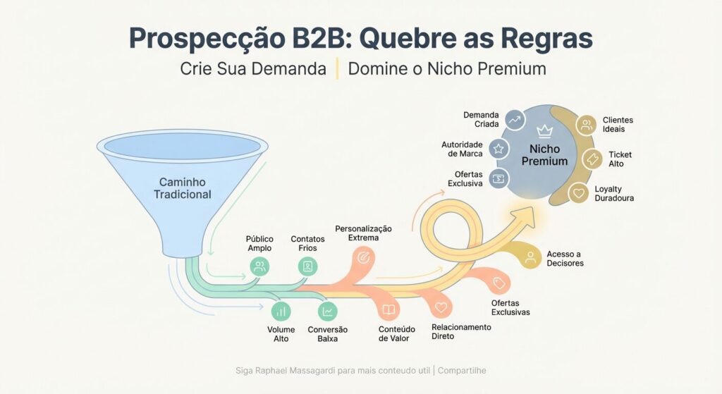 Infográfico minimalista em tons pastel, representando um funil de prospecção B2B inovador que se desvia de caminhos tradicionais, com texto 'Prospecção B2B: Quebre as Regras', 'Crie Sua Demanda' e 'Domine o Nicho Premium'.