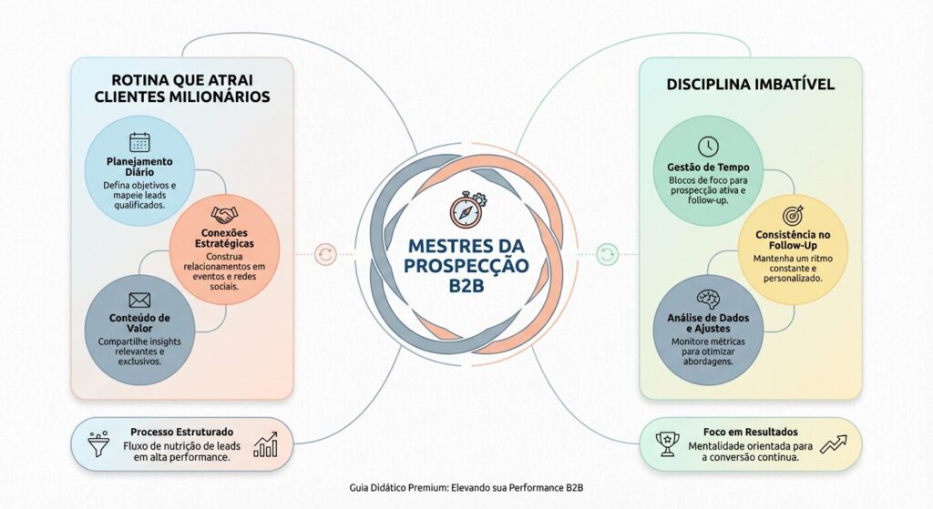 Infográfico minimalista com o título 'Mestres da Prospecção B2B' ao centro, cercado por elementos interligados que destacam 'Rotina que Atrai Clientes Milionários' e 'Disciplina Imbatível', em tons pastel e fundo claro.