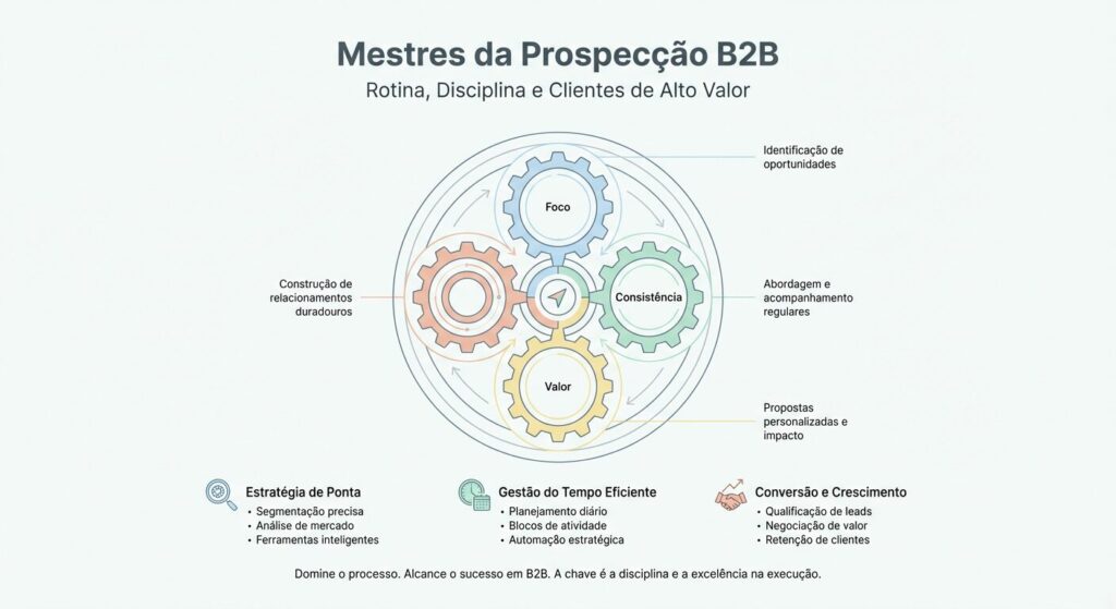 Uma capa de infográfico minimalista em tons pastel com círculos concêntricos e texto 'Mestres da Prospecção B2B: Rotina, Disciplina e Clientes de Alto Valor', representando a sinergia entre disciplina e prospecção para atrair clientes de alto valor.