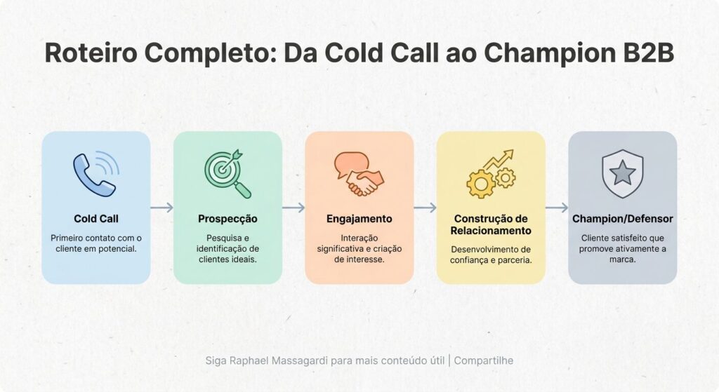 Infográfico minimalista em tons pastel, ilustrando um roteiro de prospecção B2B com cinco etapas, da 'Cold Call' à conquista de um 'Champion/Defensor', com ícones discretos e texto em português.