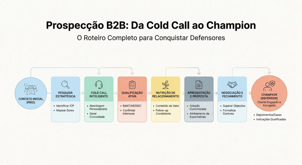 Infográfico minimalista com o título "Prospecção B2B: Da Cold Call ao Champion", mostrando uma linha do tempo elegante que simboliza a jornada de um contato inicial frio até a conquista de um defensor leal, usando tons pastel em um fundo claro.