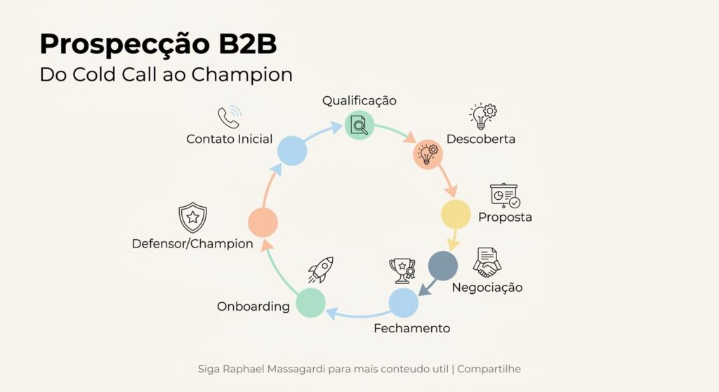 Infográfico minimalista de capa para blog, com um diagrama circular em tons pastel que ilustra a jornada da prospecção B2B, do 'Cold Call' ao 'Champion'.