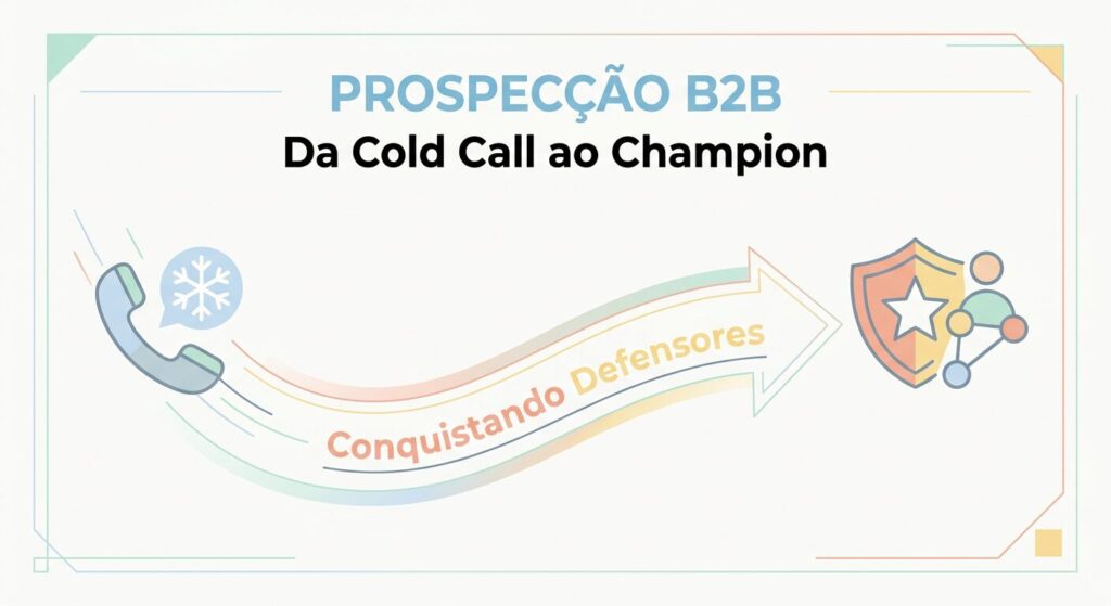Infográfico minimalista para capa de blog. Título 'Prospecção B2B', subtítulo 'Da Cold Call ao Champion'. Uma seta curva conecta um ícone de telefone estilizado a um ícone de escudo/estrela, com o texto 'Conquistando Defensores' ao longo do caminho. Paleta de cores pastel em fundo off-white.