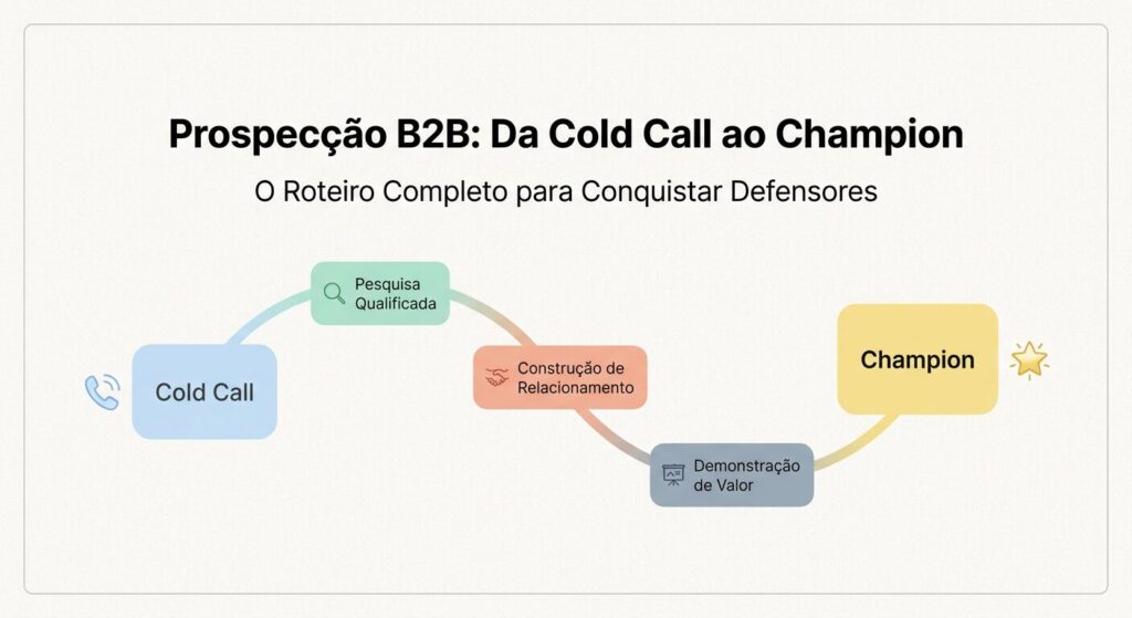 Infográfico minimalista para a capa de um artigo B2B sobre prospecção, mostrando uma jornada suave do 'Cold Call' ao 'Champion' com um design clean em tons pastel e texto em português.