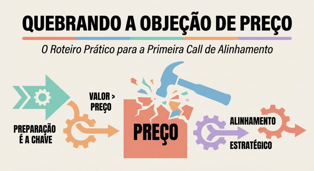 Infográfico educativo com o título "Quebrando a Objeção de Preço: O Roteiro Prático", mostrando um martelo quebrando um bloco com o texto "PREÇO", simbolizando a superação de objeções de preço em vendas B2B. Ao redor, elementos gráficos sugerem um roteiro e a importância do valor e alinhamento.