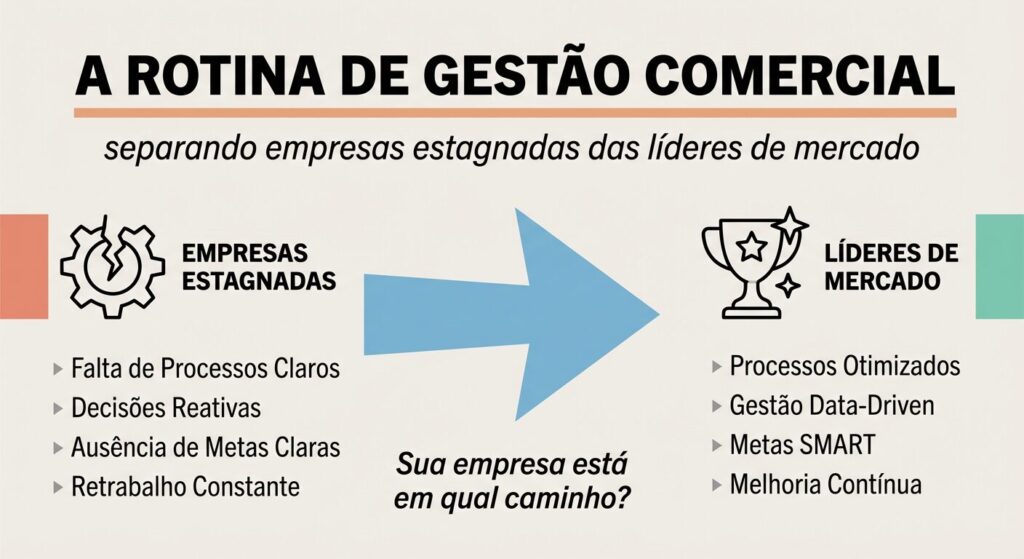 Infográfico comparando empresas estagnadas e líderes de mercado. À esquerda, caixa salmão com a rotina de empresas estagnadas (falta de processos, decisões reativas, retrabalho) e ícone de engrenagem quebrada. À direita, caixa verde-água com a rotina de líderes (processos otimizados, gestão data-driven, metas SMART) e ícone de troféu. Uma seta azul conecta as duas, com a pergunta 'Sua empresa está em qual caminho?'.