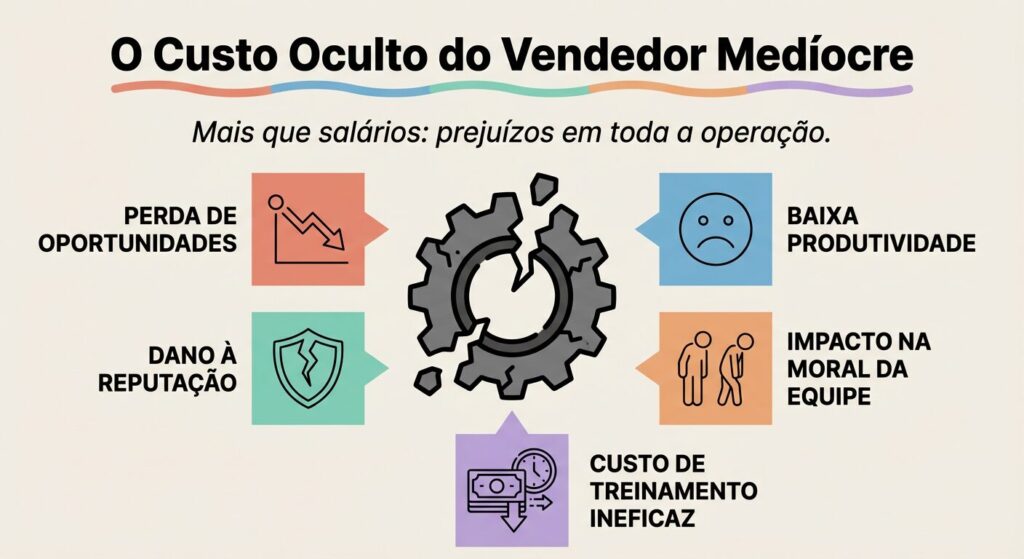 Infográfico educacional em off-white com o título 'O Custo Oculto do Vendedor Medíocre'. Uma engrenagem central simboliza a operação, cercada por blocos coloridos que representam custos como 'Perda de Oportunidades', 'Baixa Produtividade', 'Dano à Reputação', 'Impacto na Moral da Equipe' e 'Custo de Treinamento Ineficaz', cada um com um ícone simples e texto em português.