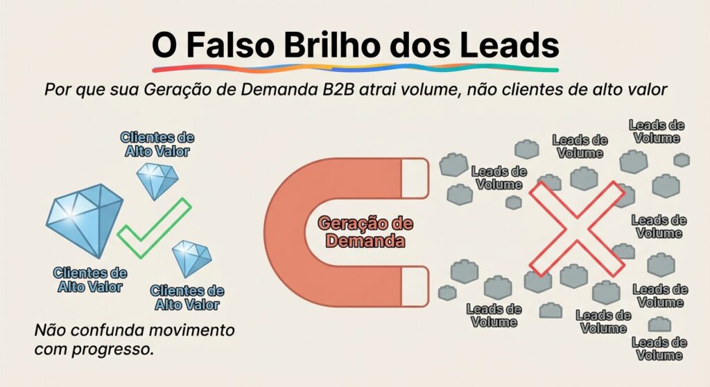 Infográfico educativo com o título 'O Falso Brilho dos Leads', mostrando um imã gigante atraindo muitos blocos cinzas genéricos (Leads de Volume) enquanto ignora diamantes azuis brilhantes (Clientes de Alto Valor), simbolizando a armadilha de atrair grande volume de leads de baixo valor em vez de clientes de alto valor em estratégias B2B.