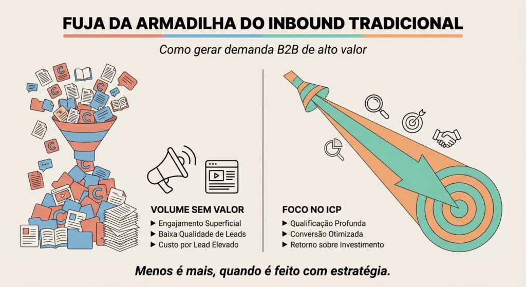 Infográfico educativo ilustrando a diferença entre a 'Overdose de Conteúdo' e a 'Geração de Demanda de Alto Valor' no marketing B2B, com elementos visuais de funil caótico e flecha direcionada.