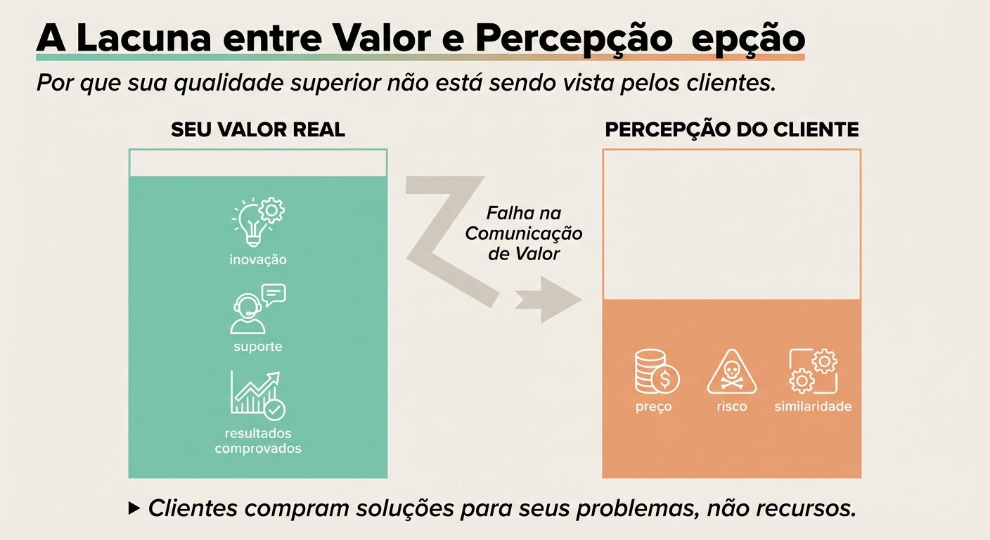 Infográfico educativo com duas colunas verticais. Uma, 'Seu Valor Real', está quase cheia. A outra, 'Percepção do Cliente', está pela metade, com uma seta jagged apontando da primeira para a segunda, e a frase 'Falha na Comunicação de Valor', ilustrando a diferença entre o valor entregue e o valor percebido pelo cliente.