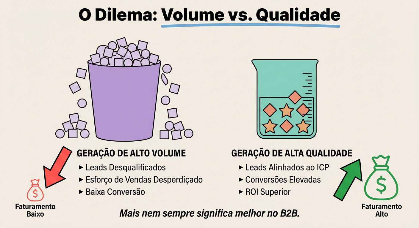Infográfico educativo comparando a geração de leads B2B por volume vs. qualidade. A coluna de alto volume mostra muitos leads desqualificados, enquanto a de alta qualidade destaca leads alinhados ao ICP e conversões elevadas. O título é 'O Dilema: Volume vs. Qualidade'.