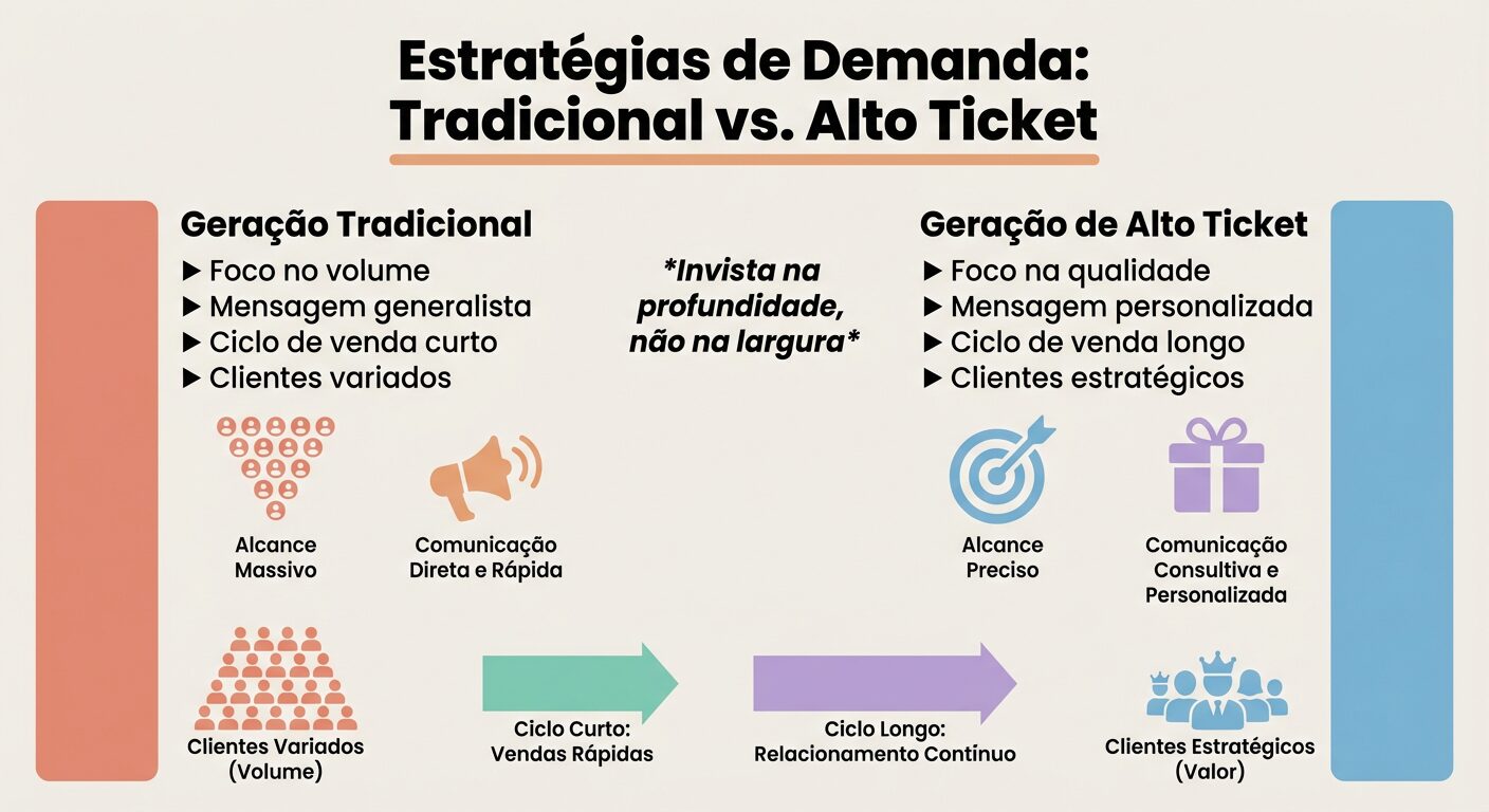 Infográfico comparativo mostrando as diferenças entre a geração de demanda tradicional, focada em volume, e a geração de demanda de alto ticket, focada em qualidade e personalização. O título é 'Estratégias de Demanda: Tradicional vs. Alto Ticket'.