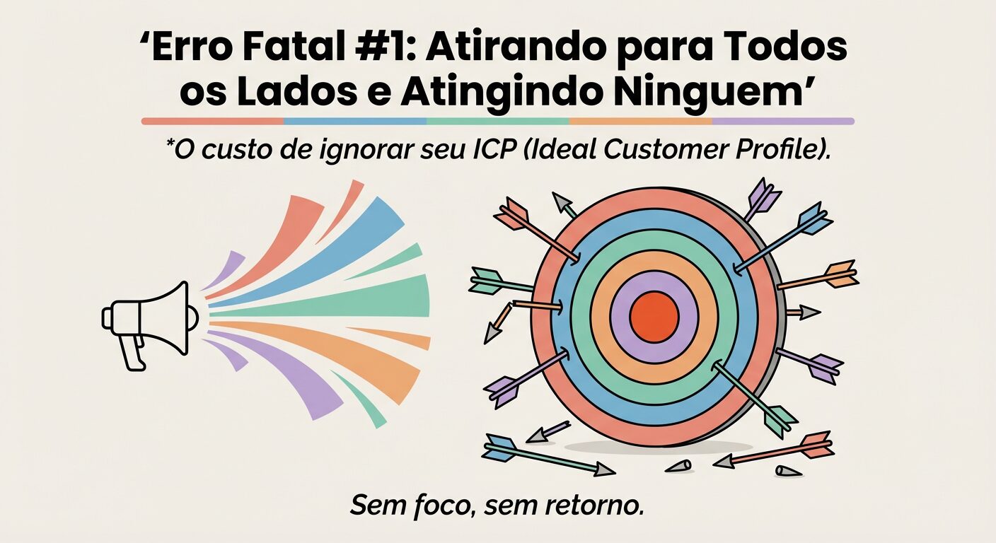 Infográfico ilustrando o 'Erro Fatal #1: Atirando para Todos os Lados e Atingindo Ninguém', com um alvo de dardos onde a maioria das setas erra o centro, representando a falta de foco no público-alvo em estratégias B2B.