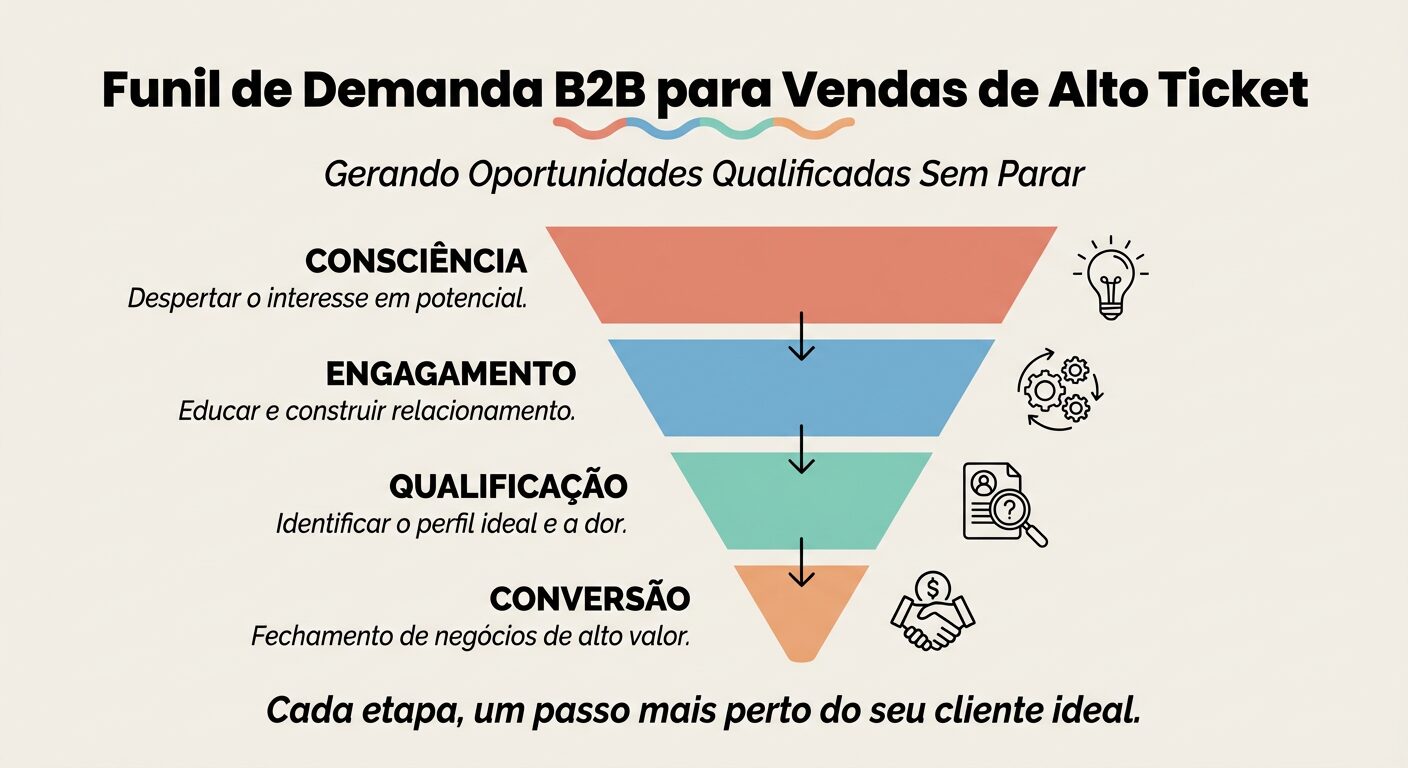 Infográfico detalhando um funil de demanda B2B de quatro etapas (Consciência, Engajamento, Qualificação, Conversão) para vendas de alto ticket, mostrando o fluxo de leads qualificados.