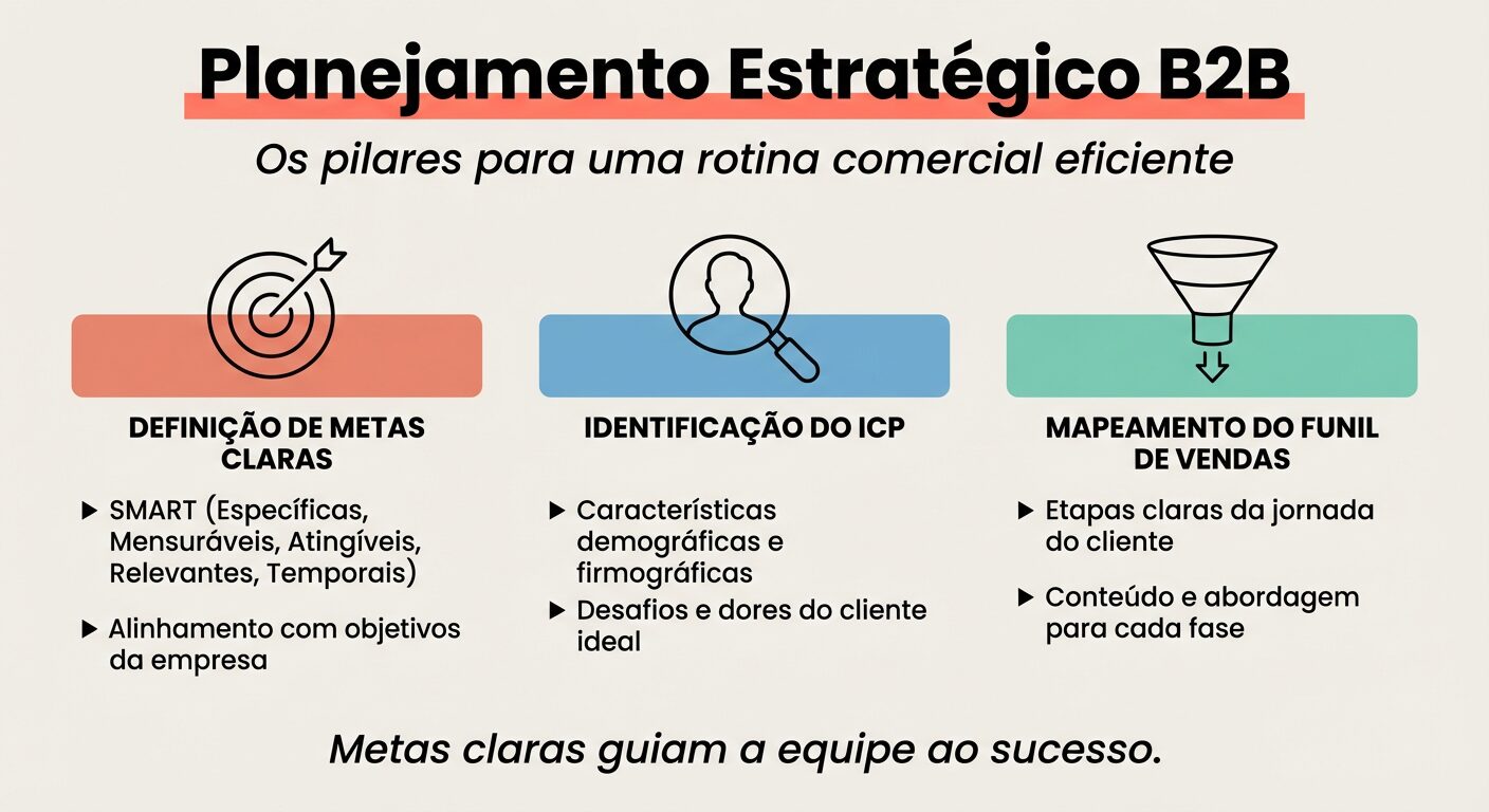 Infográfico educativo sobre planejamento estratégico B2B, destacando três pilares: Definição de Metas Claras, Identificação do ICP (Ideal Customer Profile) e Mapeamento do Funil de Vendas, com ícones e bullet points. No rodapé, a frase 'Metas claras guiam a equipe ao sucesso.' com fundo off-white.