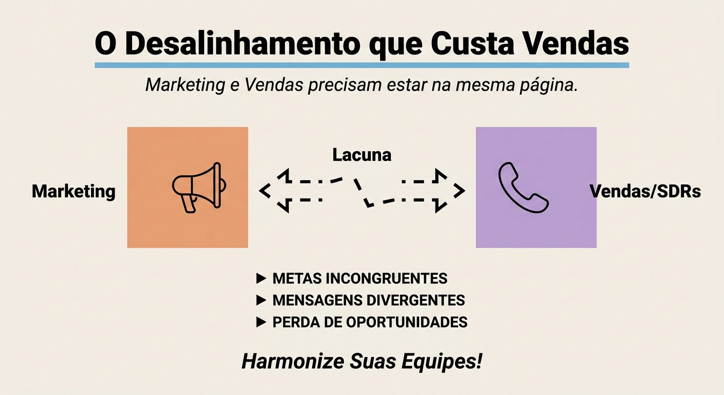 Infográfico educacional ilustrando o desalinhamento entre as equipes de Marketing e Vendas/SDRs, mostrando a lacuna de comunicação e objetivos divergentes que custam vendas.