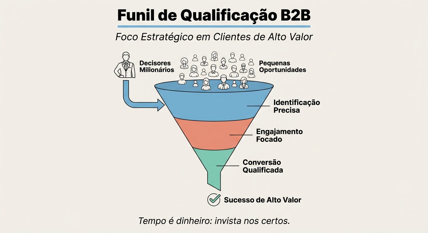 Infográfico de um funil de vendas B2B ilustrando a qualificação de leads, com foco em direcionar decisores milionários e filtrar oportunidades de menor valor.