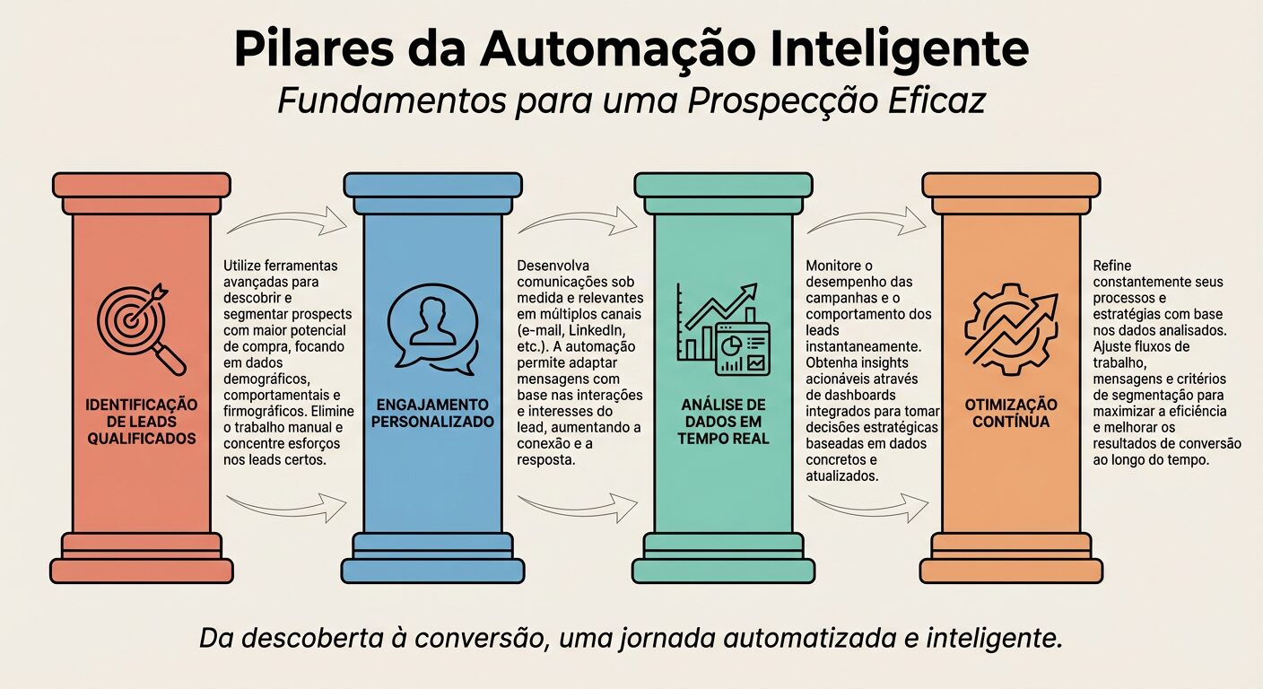 Infográfico educacional apresentando os quatro pilares da automação inteligente para prospecção B2B: identificação de leads qualificados, engajamento personalizado, análise de dados em tempo real e otimização contínua.