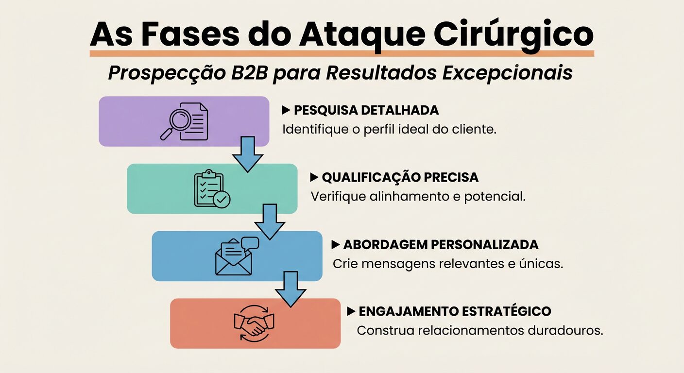 Infográfico com as 4 fases da prospecção B2B proativa: 'Pesquisa Detalhada', 'Qualificação Precisa', 'Abordagem Personalizada' e 'Engajamento Estratégico', cada uma em um bloco colorido diferente com ícones e texto descritivo. Título 'As Fases do Ataque Cirúrgico'.