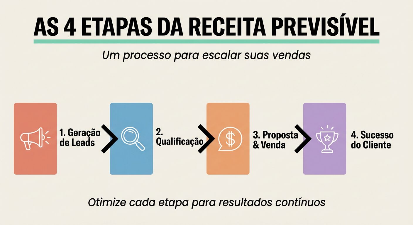 Infográfico das 4 etapas da Receita Previsível B2B: Geração de Leads, Qualificação, Proposta & Venda e Sucesso do Cliente, com blocos coloridos e ícones.