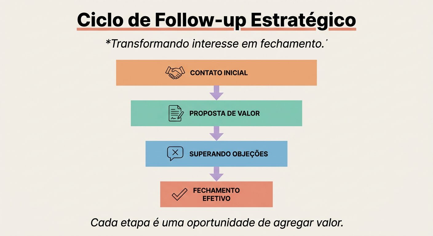 Um infográfico educativo em formato de funil vertical com fundo off-white. O título é 'Ciclo de Follow-up Estratégico' com subtítulo *Transformando interesse em fechamento.* O funil é dividido em blocos coloridos que representam as etapas: 'CONTATO INICIAL' (laranja), 'PROPOSTA DE VALOR' (verde-água), 'SUPERANDO OBJEÇÕES' (azul) e 'FECHAMENTO EFETIVO' (salmão), cada um com um ícone representativo. A frase final diz: *Cada etapa é uma oportunidade de agregar valor.*