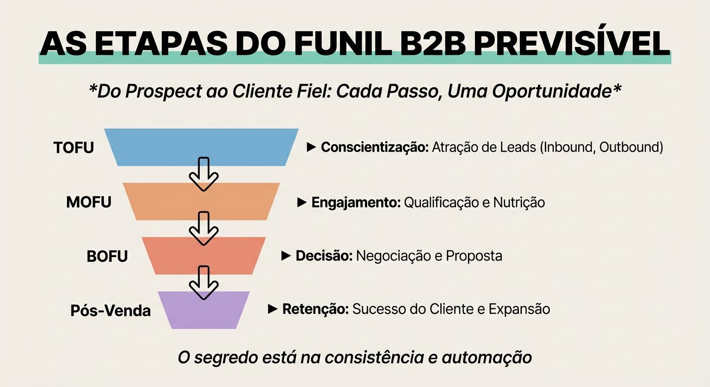 Infográfico detalhando as etapas de um funil de vendas B2B previsível, desde a conscientização (TOFU) e engajamento (MOFU) até a decisão (BOFU) e o pós-venda, com cada fase contribuindo para a receita consistente.