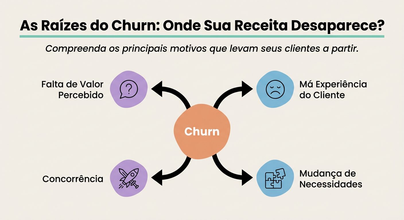 Infográfico educativo detalhando as principais 'raízes' ou causas do churn em negócios B2B, como falta de valor percebido, má experiência do cliente e concorrência. O título é 'As Raízes do Churn: Onde Sua Receita Desaparece?'.