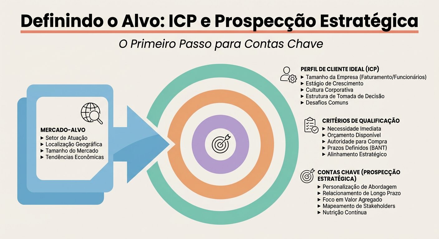 Infográfico educativo em fundo off-white explicando a importância de definir o Perfil de Cliente Ideal (ICP) na prospecção B2B, com blocos de texto e ícones sobre mercado-alvo e critérios de qualificação.