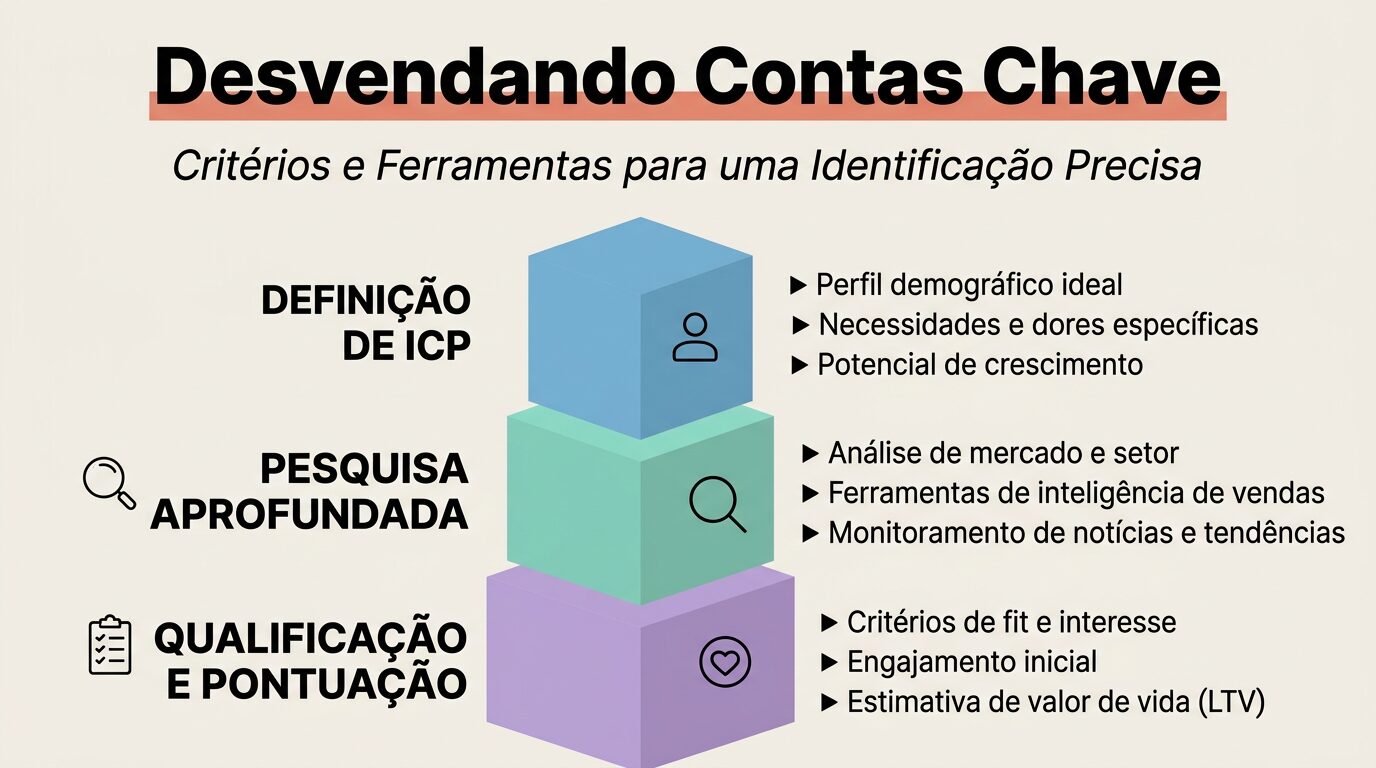 Infográfico intitulado "Desvendando Contas Chave", que detalha um processo em três etapas: Definição de ICP, Pesquisa Aprofundada e Qualificação e Pontuação, cada uma com critérios e ferramentas listados para identificação precisa de clientes ideais B2B, usando blocos coloridos e um fundo off-white.
