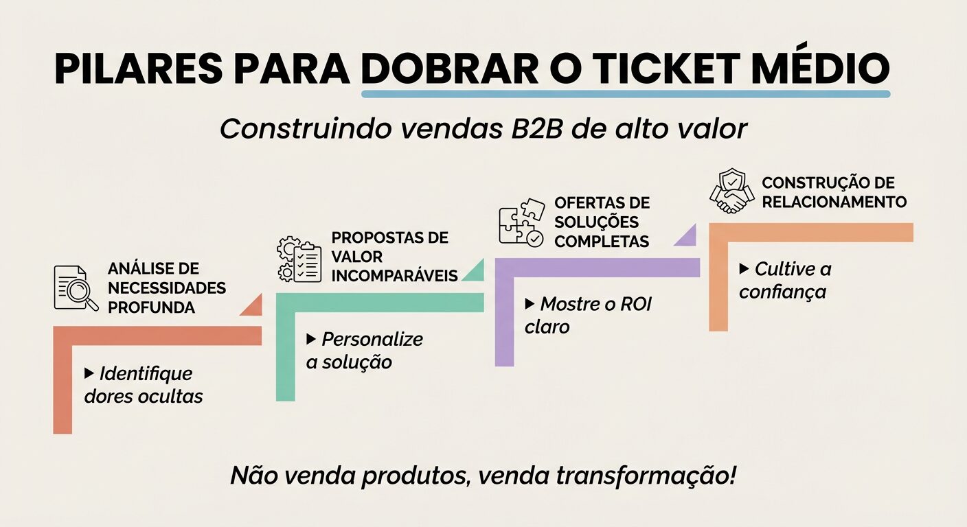 Infográfico educacional detalhando os pilares essenciais para dobrar o ticket médio em vendas B2B, incluindo análise de necessidades, propostas de valor, ofertas completas e relacionamento.