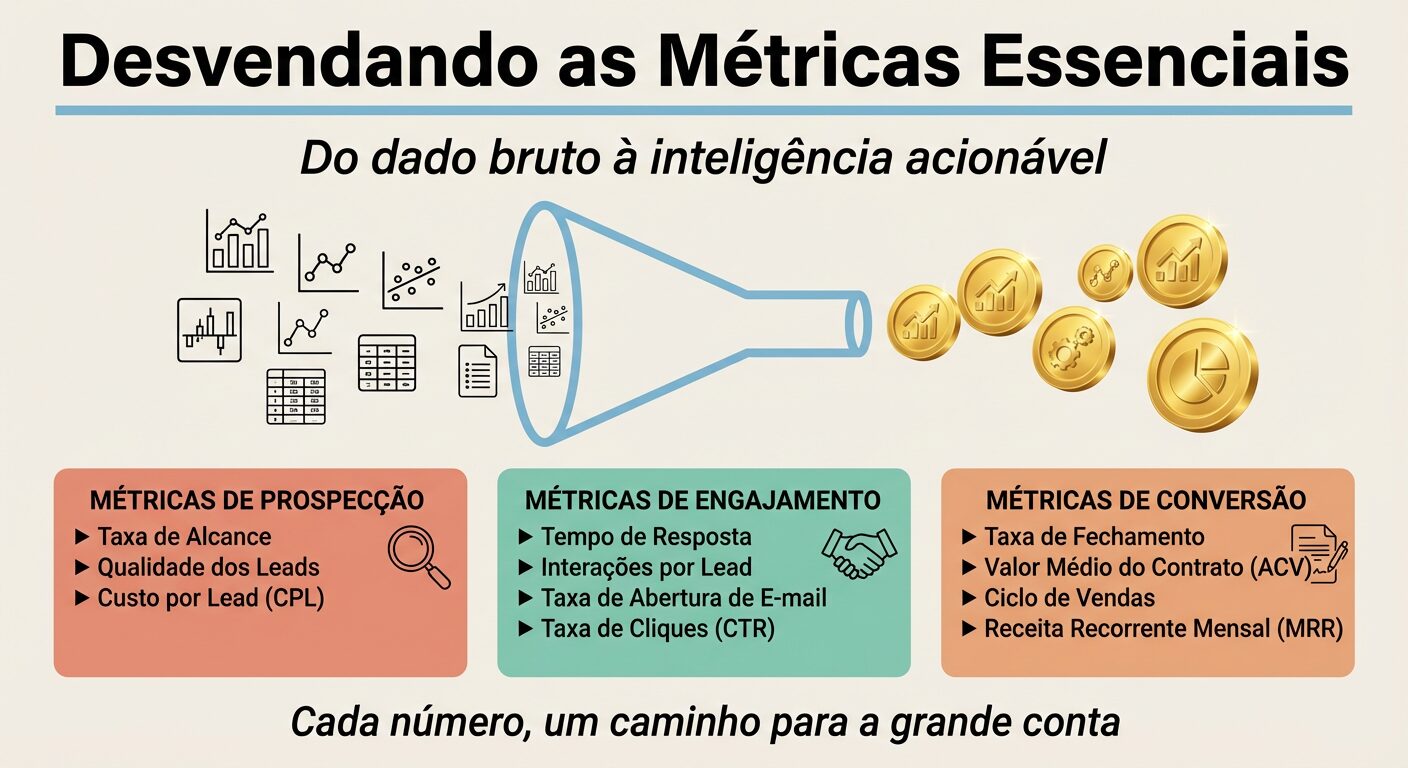 Infográfico intitulado 'Desvendando as Métricas Essenciais', ilustrando um fluxo de dados brutos que se transformam em métricas de ouro. Três blocos coloridos detalham métricas de prospecção, engajamento e conversão, com a frase 'Cada número, um caminho para a grande conta'.