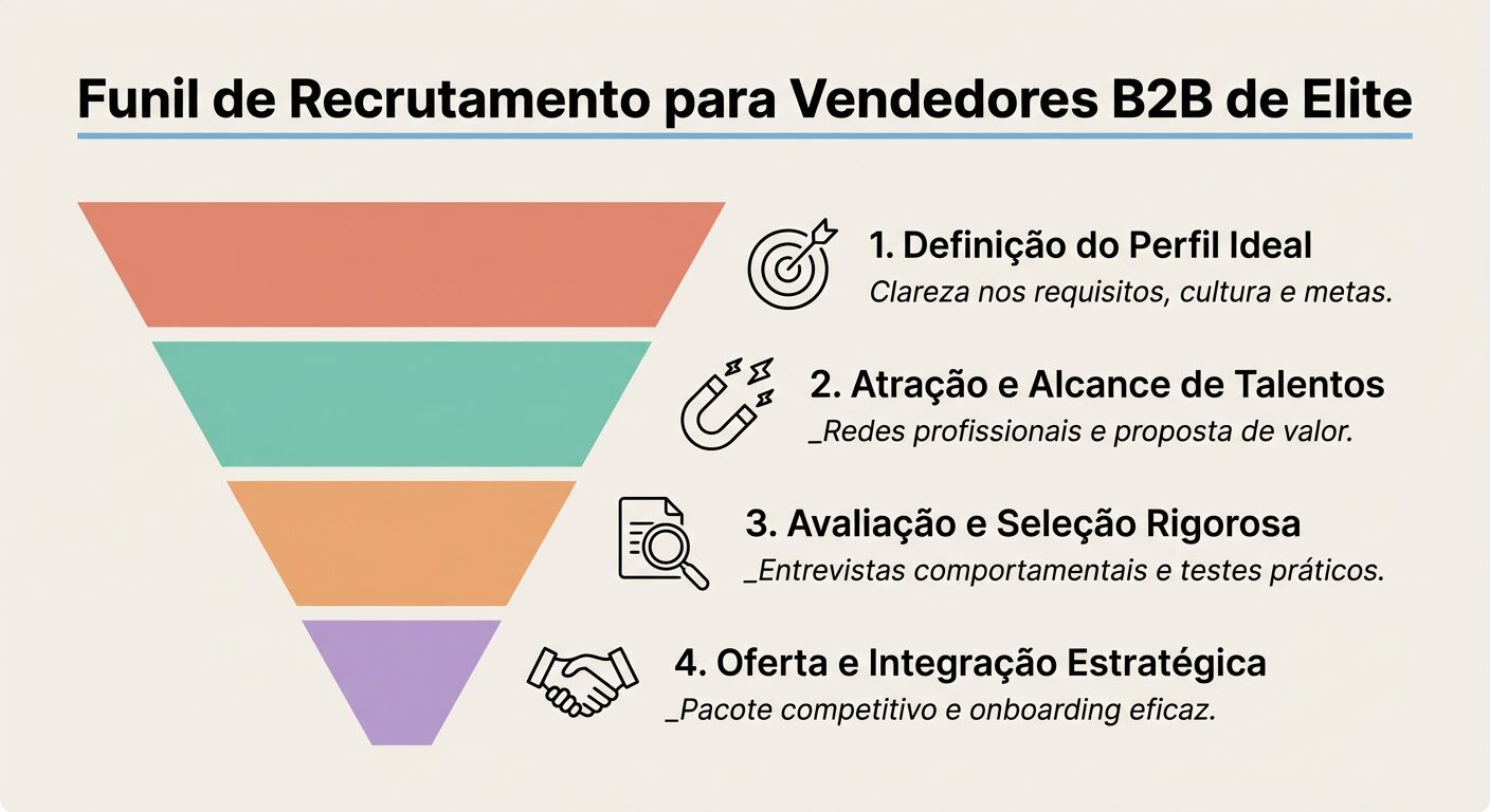 Infográfico em formato de funil detalhando as quatro etapas essenciais para recrutar vendedores B2B de elite, desde a definição do perfil até a integração estratégica.