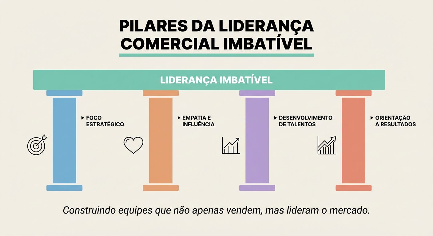 Infográfico educacional sobre os Pilares da Liderança Comercial Imbatível, apresentando uma plataforma sustentada por quatro pilares coloridos: Foco Estratégico, Empatia e Influência, Desenvolvimento de Talentos e Orientação a Resultados. Título: Pilares da Liderança Comercial Imbatível.
