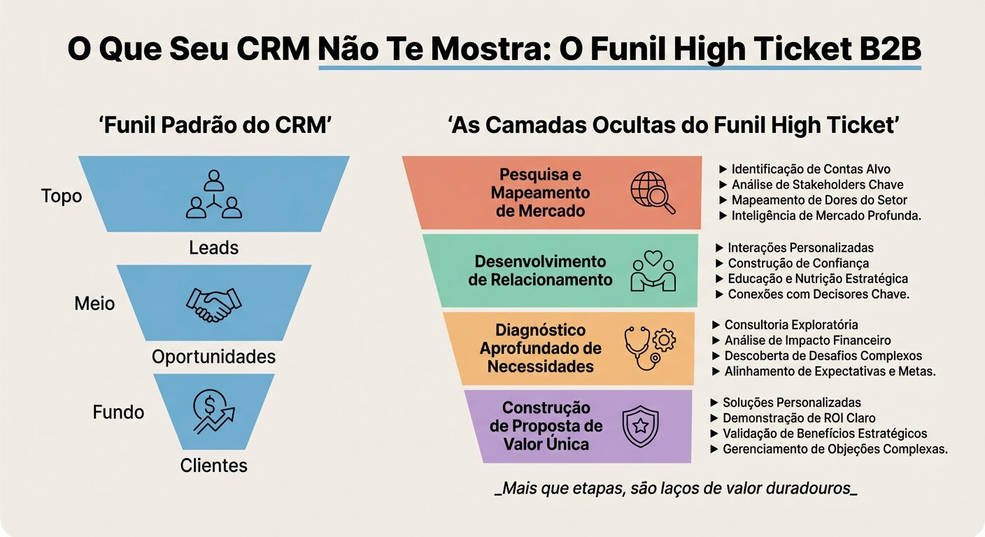 Infográfico comparativo exibindo a visão limitada de um funil de vendas em CRMs tradicionais versus a profundidade e complexidade do funil high ticket B2B completo, revelando etapas ocultas.
