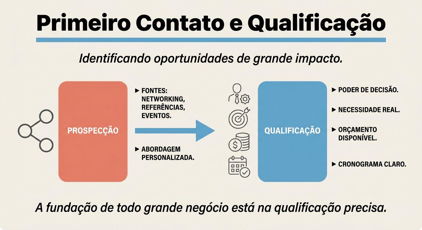 Infográfico educativo sobre as etapas de prospecção e qualificação no funil de vendas B2B de alto valor, destacando critérios essenciais para identificar leads de grande impacto.