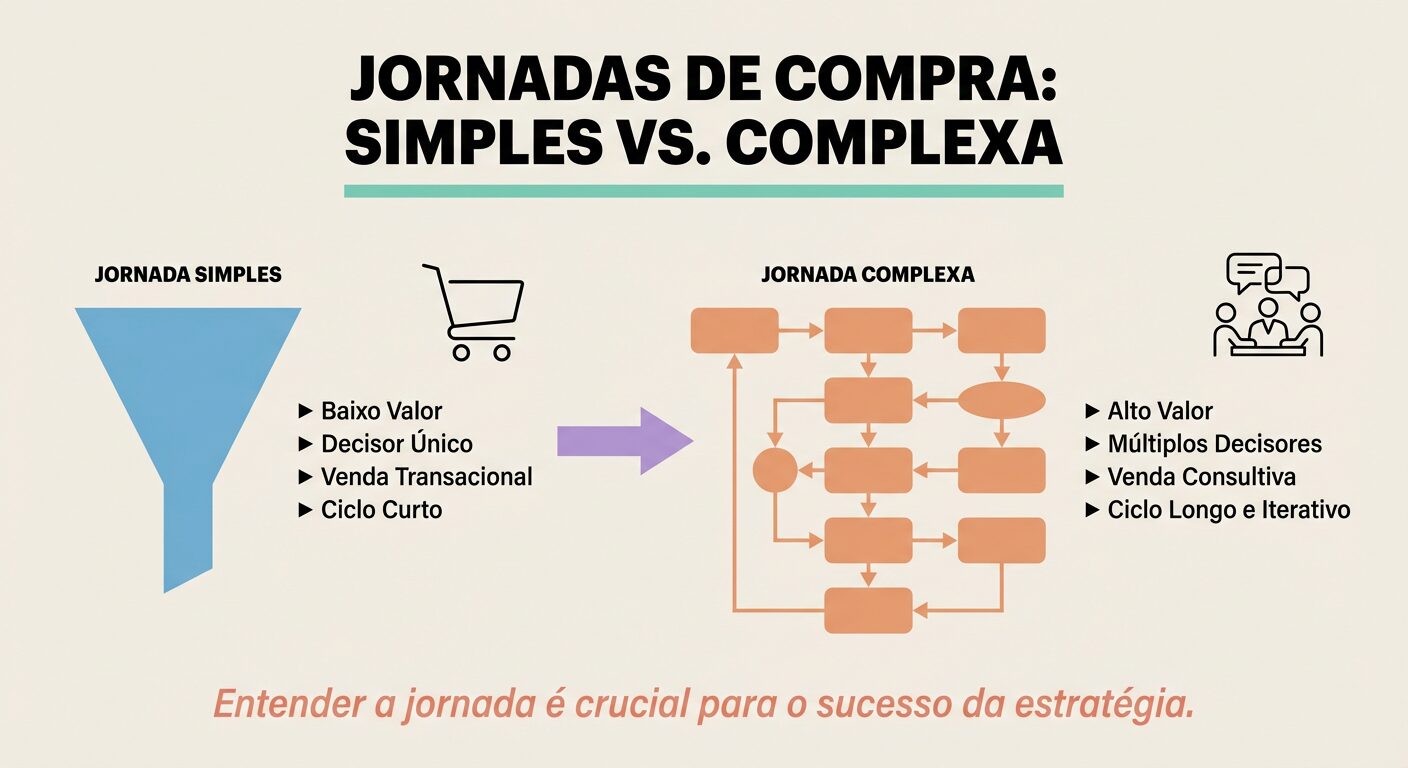 Infográfico educativo comparando jornadas de compra simples e complexas. Apresenta dois funis distintos, um para 'JORNADA SIMPLES' com características de baixo valor e decisão única, e outro para 'JORNADA COMPLEXA' com alto valor, múltiplos decisores e ciclo longo. O título é 'JORNADAS DE COMPRA: SIMPLES VS. COMPLEXA' com a frase 'Entender a jornada é crucial para o sucesso da estratégia.'