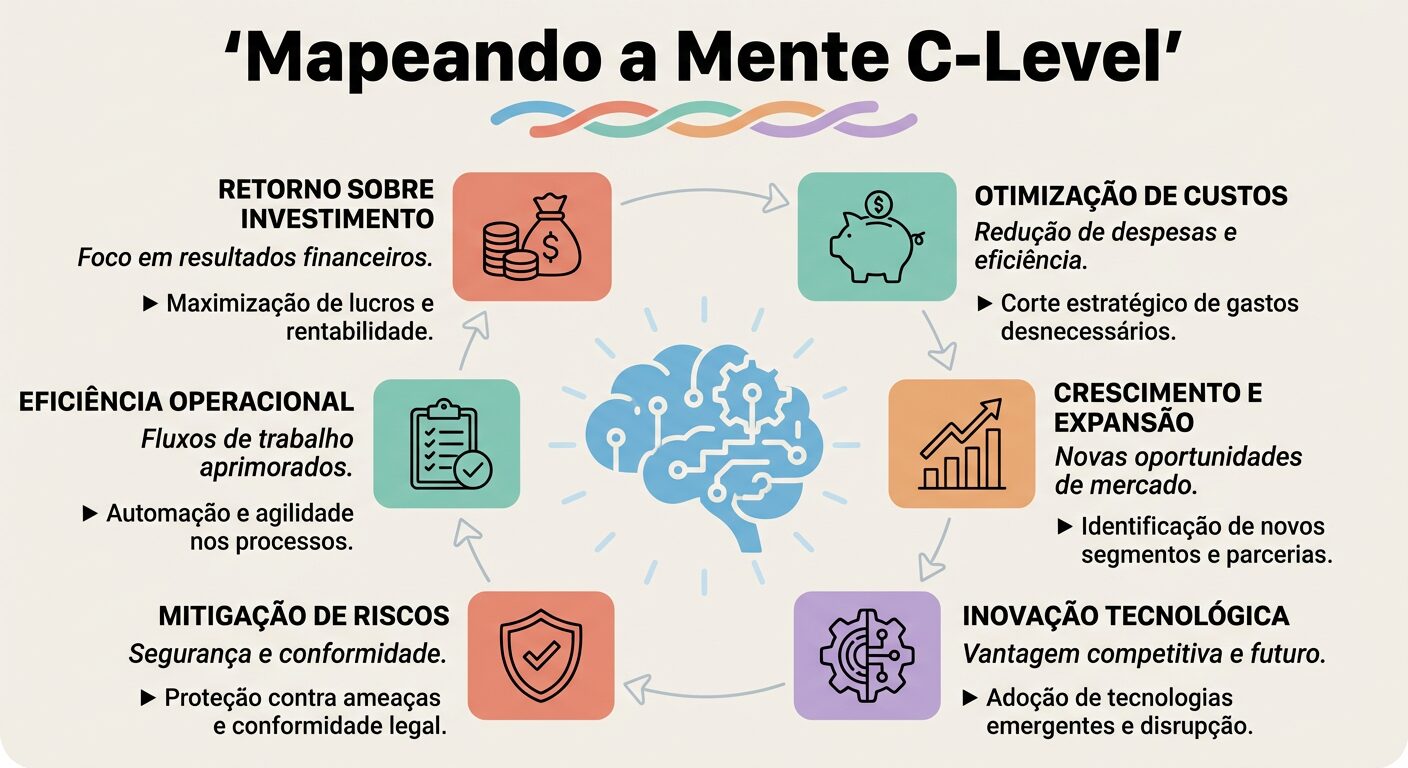 Infográfico educacional 'Mapeando a Mente C-Level' ilustrando as principais preocupações e prioridades de decisores B2B, como ROI, Otimização de Custos, Crescimento, Inovação, Risco e Eficiência Operacional, com ícones simples e texto em português sobre um fundo off-white.